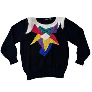 Vintage 80's Angenie Abstract Geometric Sweater Womens Black Multicolor‎ Retro